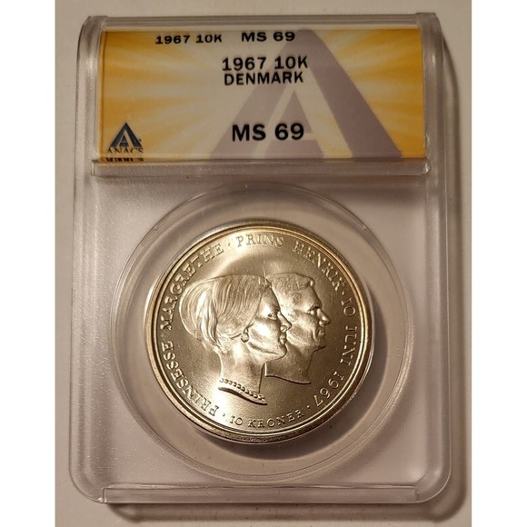 Denmark Frederik IX 1967 Silver 10 Kroner Princess Margarethe Wedding MS69 ANACS - Picture 1 of 2